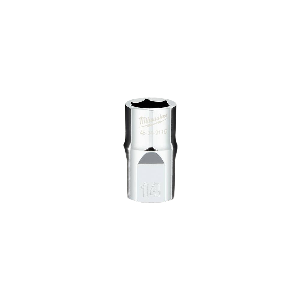 Chrome-finished 14mm standard socket with flat sides designed for home improvement and tool use.
