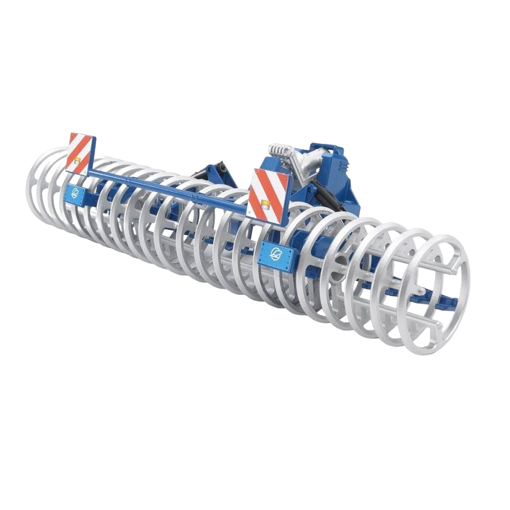Blue and silver agricultural front furrow press with circular metal rings for soil preparation tools and home improvement