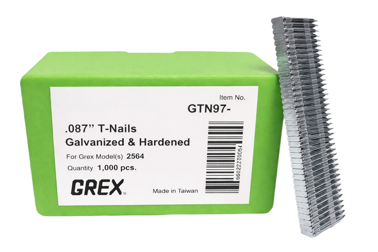 Stack of galvanized and hardened T-nails next to green box for fasteners in hardware and home improvement use