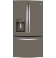 Counter-depth French-door refrigerator with stainless steel handles, bottom freezer drawer, and built-in water dispenser in kitchen appliances collection