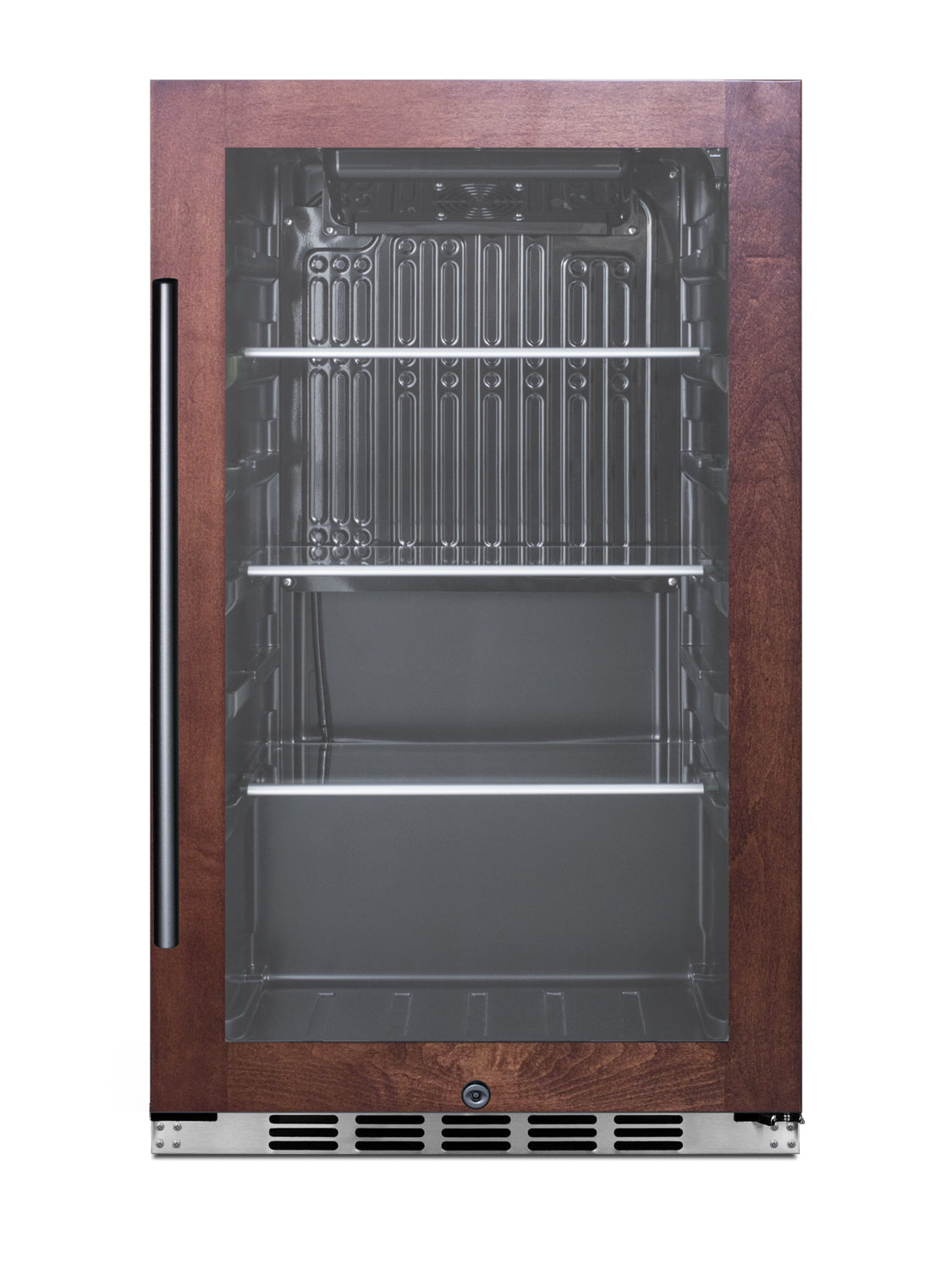 undercounter beverage cooler with glass door, wood frame, metal handle, and adjustable shelves in appliances collection