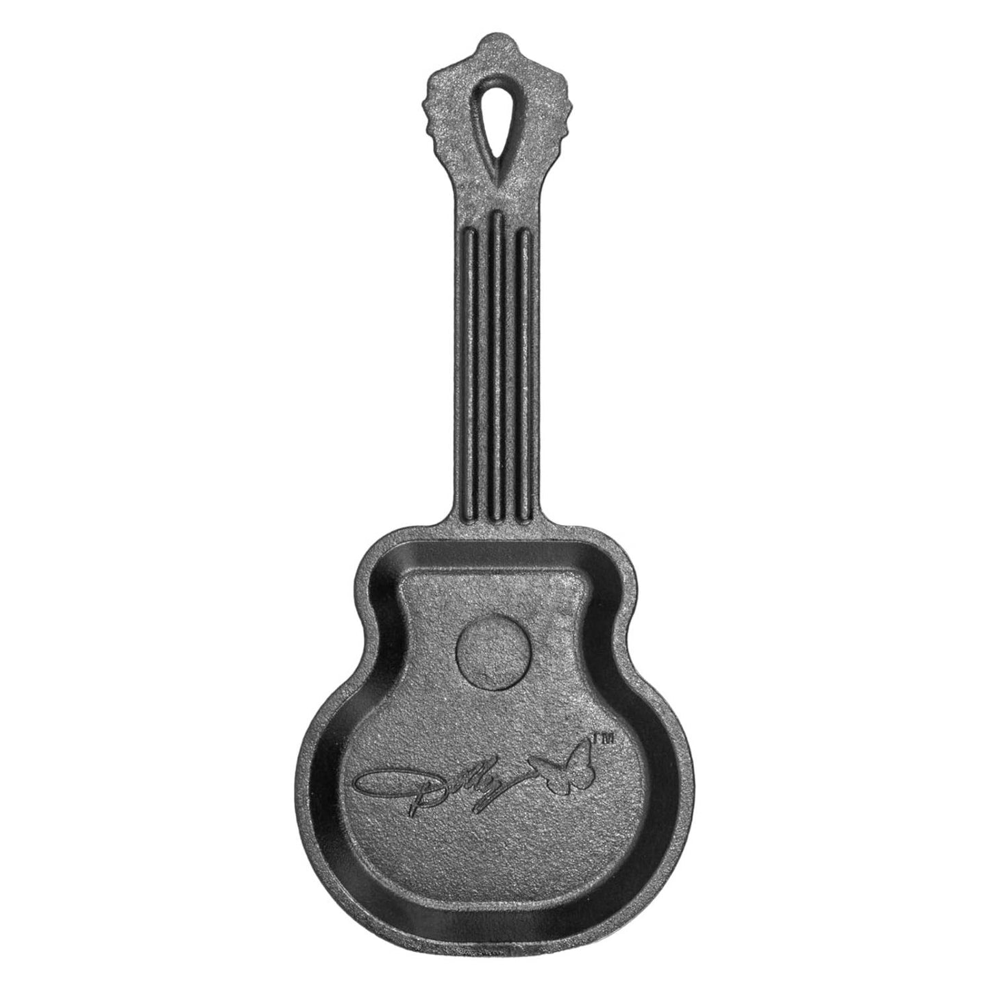 Small cast iron skillet shaped like a guitar with engraved signature detail for novelty cooking and serving use
