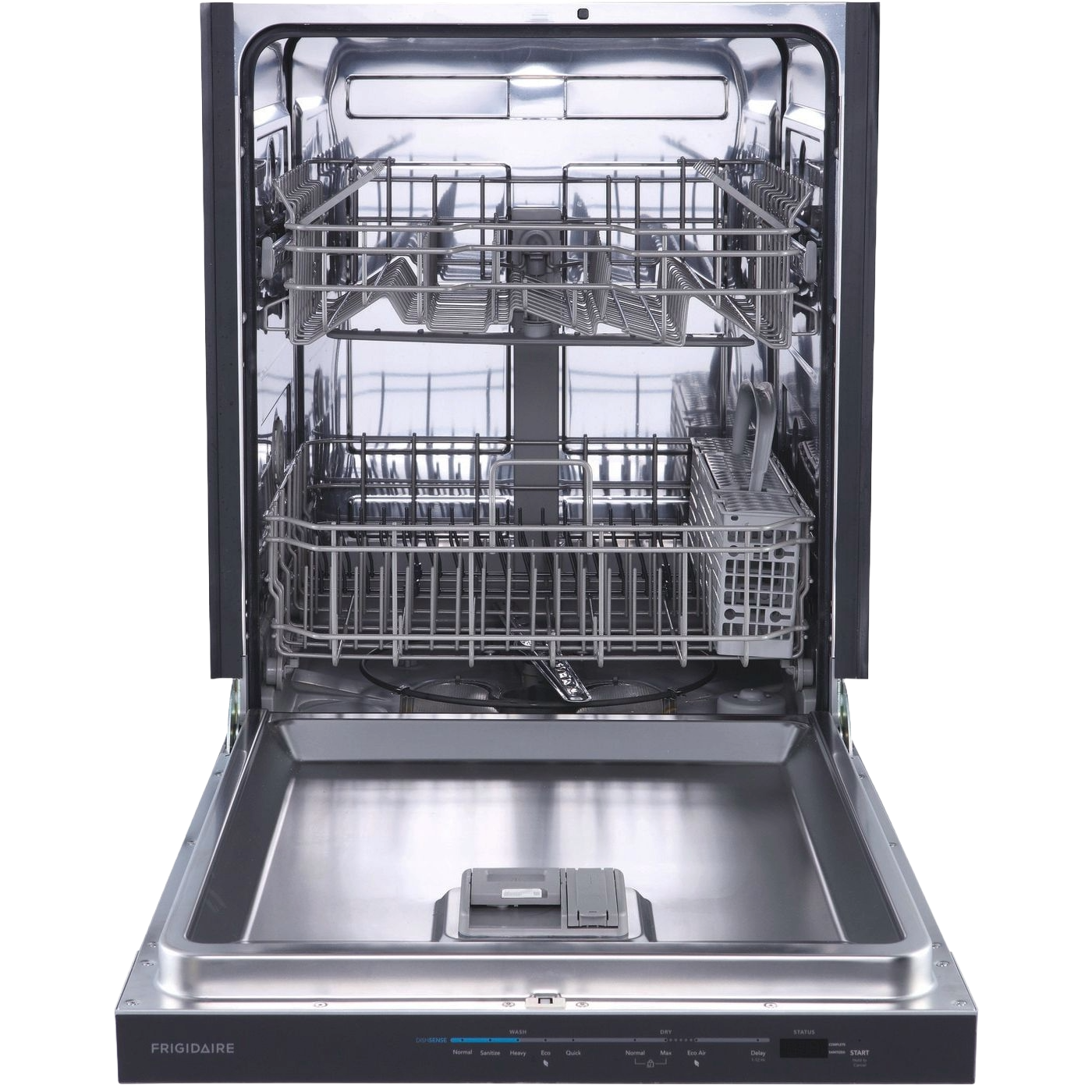 Open 24-inch built-in dishwasher with stainless steel interior and adjustable upper rack, kitchen appliance for home improvement