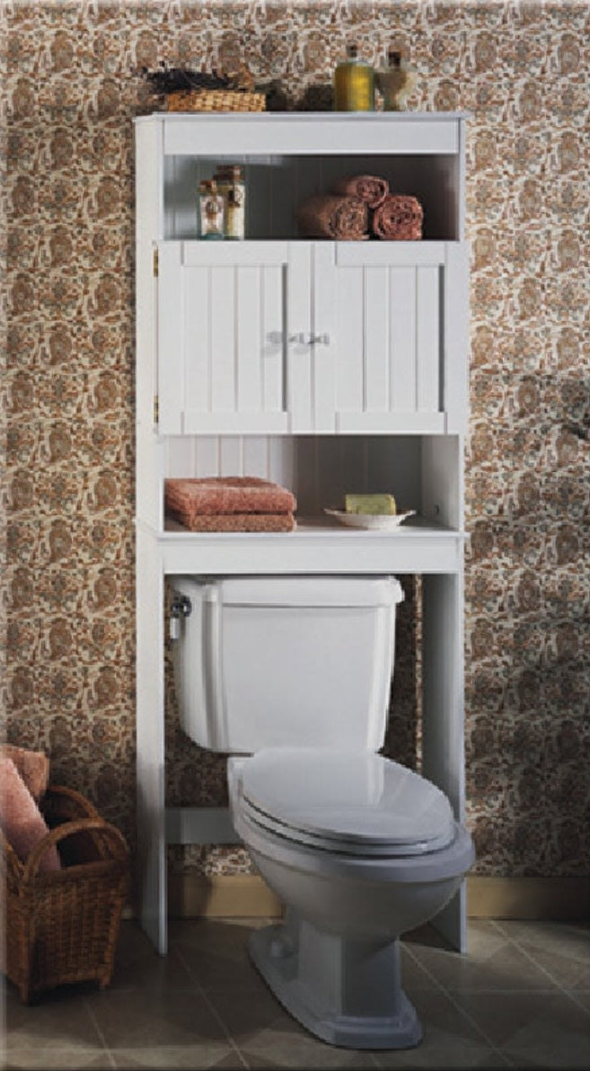 White wood spacesaver cabinet with shelves and doors, designed to fit above a toilet for bathroom storage and organization