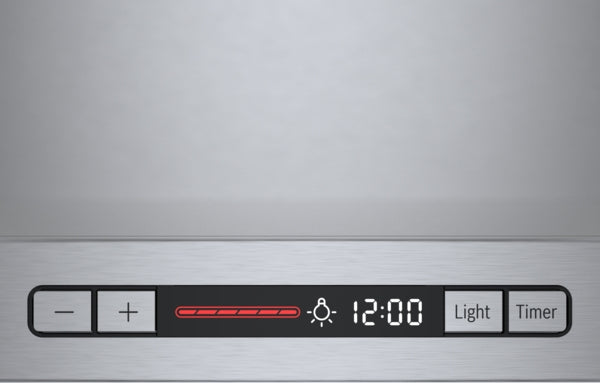 digital control panel with red heat indicator, light and timer buttons on stainless steel range hood