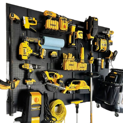 Black galvanized steel wall panel with grid design holding yellow power tools and accessories, part of hardware and storage collections under $50