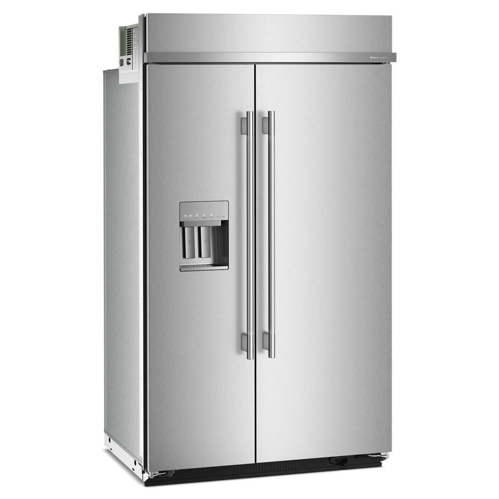 Built-in stainless steel side-by-side refrigerator with exterior water and ice dispenser in KitchenAid appliance collection