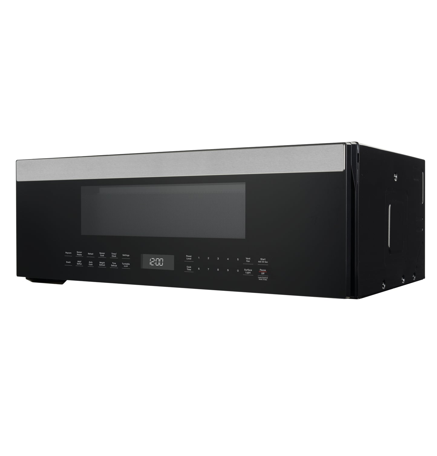 Black and stainless steel low profile over-the-range microwave with digital sensor controls in kitchen appliances collection