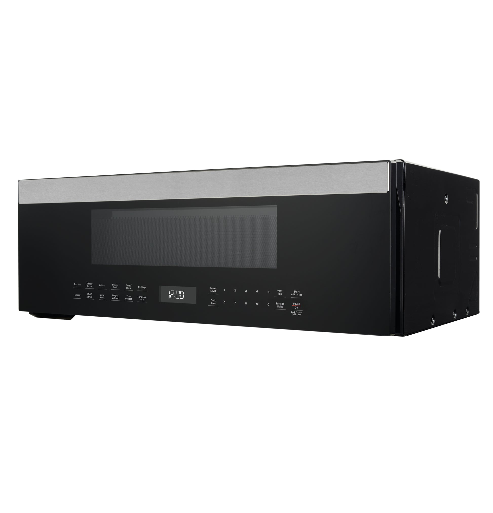 Black and stainless steel low profile over-the-range microwave with digital sensor controls in kitchen appliances collection