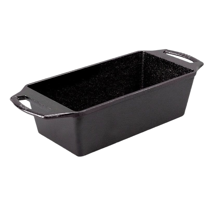 Rectangular cast iron loaf pan with dual handles for even heat distribution and durable baking use