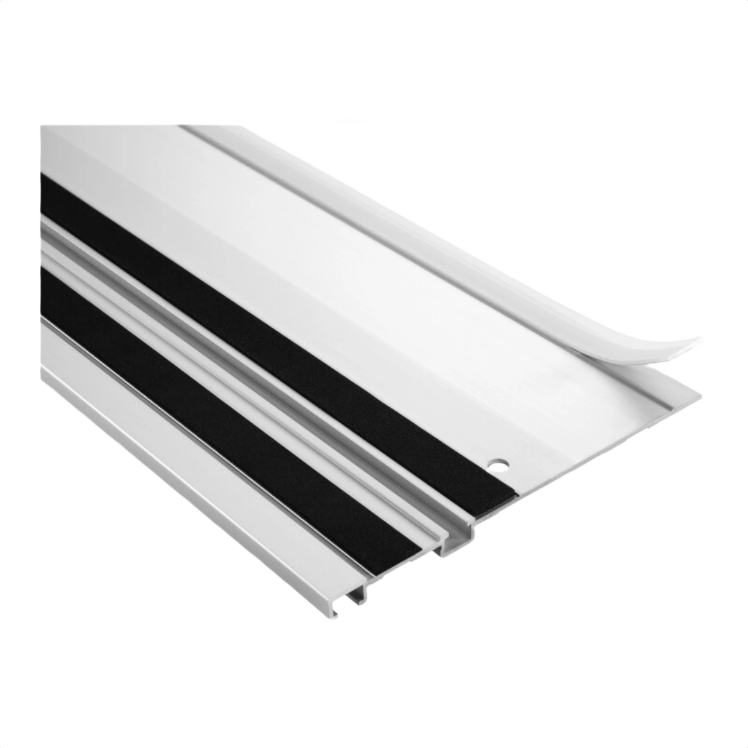 White splinter guard accessory for guide rail with black anti-slip strips, used in woodworking tool and power tool accessories.