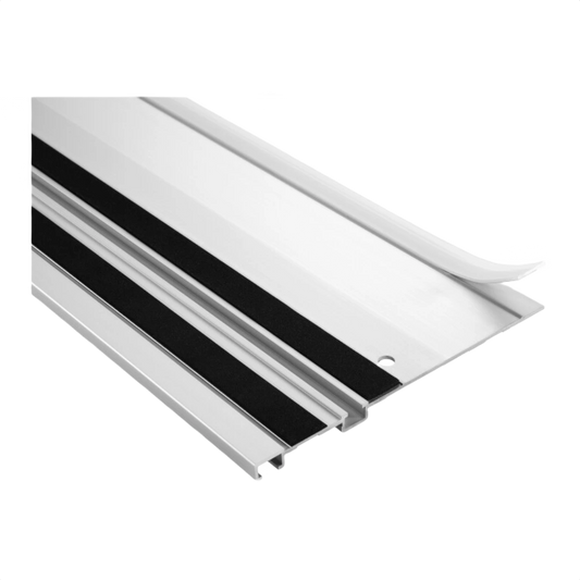 White splinter guard accessory for guide rail with black anti-slip strips, used in woodworking tool and power tool accessories.