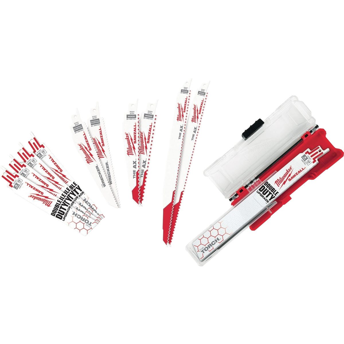 Set of assorted red and white demolition saw blades with plastic case, part of power tool and woodworking accessories.