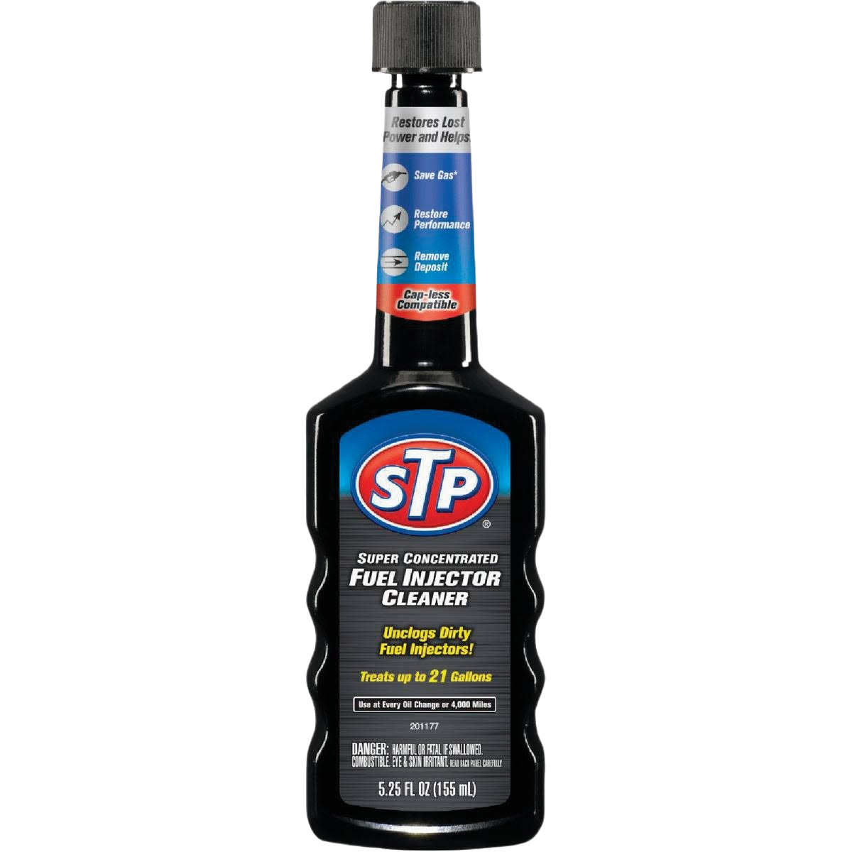 Black plastic bottle of STP fuel injector cleaner with blue and red label for automotive maintenance and tools use