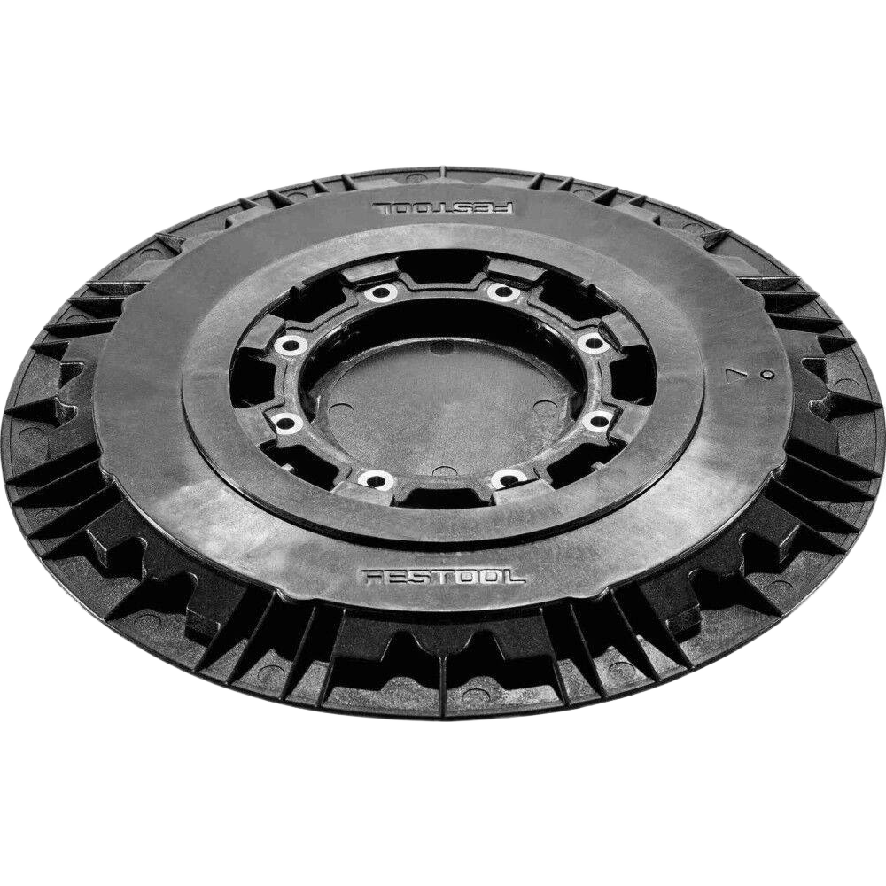 Black plastic backing pad with vented design and central mounting holes for power sanding tools in home improvement tasks