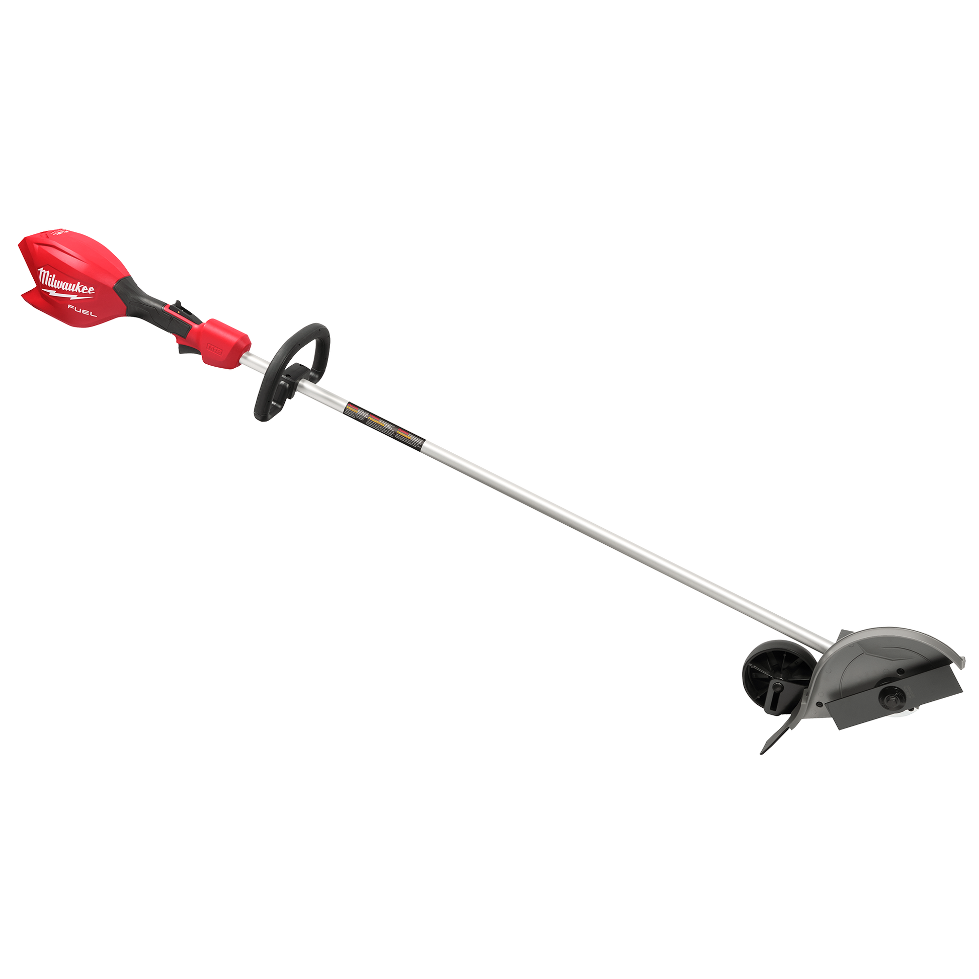 Red and silver cordless Milwaukee outdoor edger with ergonomic handle and adjustable blade guard for lawn maintenance tools