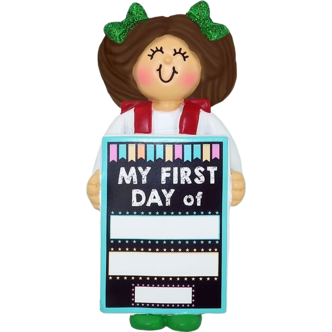 Brunette girl ornament holding customizable My First Day of School sign in Christmas Ornaments & Tree Decorations under $50