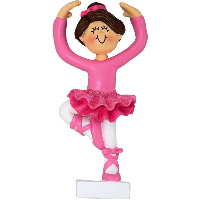 Cheerful brunette ballerina ornament in pink tutu and ballet shoes, festive Christmas decoration under $50