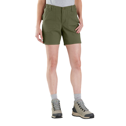 Olive green relaxed fit canvas shorts for women with front pockets and durable construction for work and home improvement tasks