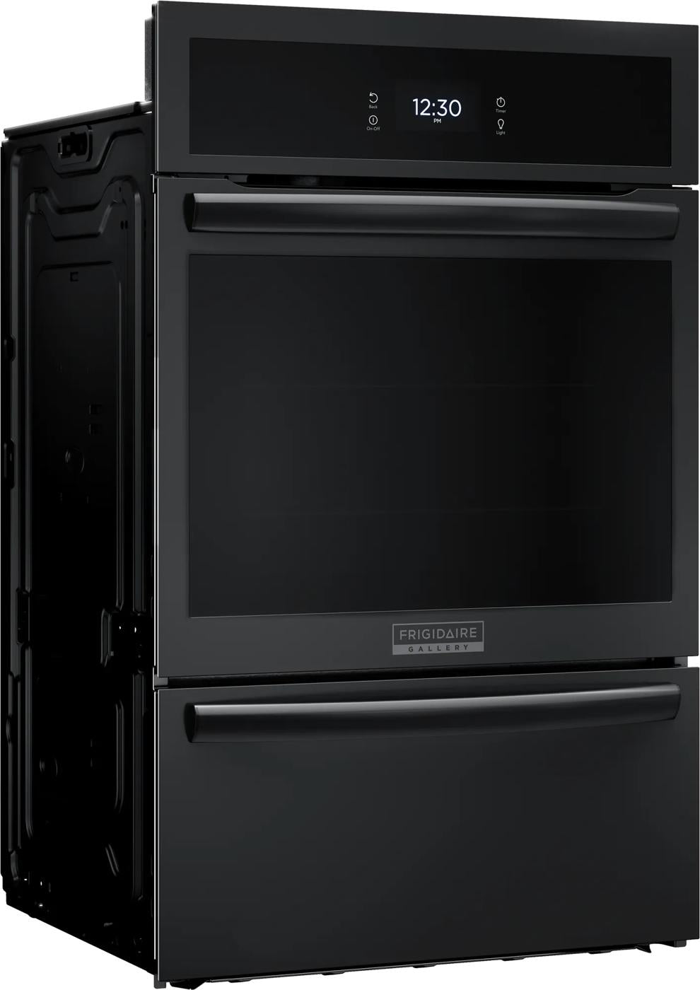 Matte black single gas wall oven with digital control panel and handle, part of kitchen appliances collection.