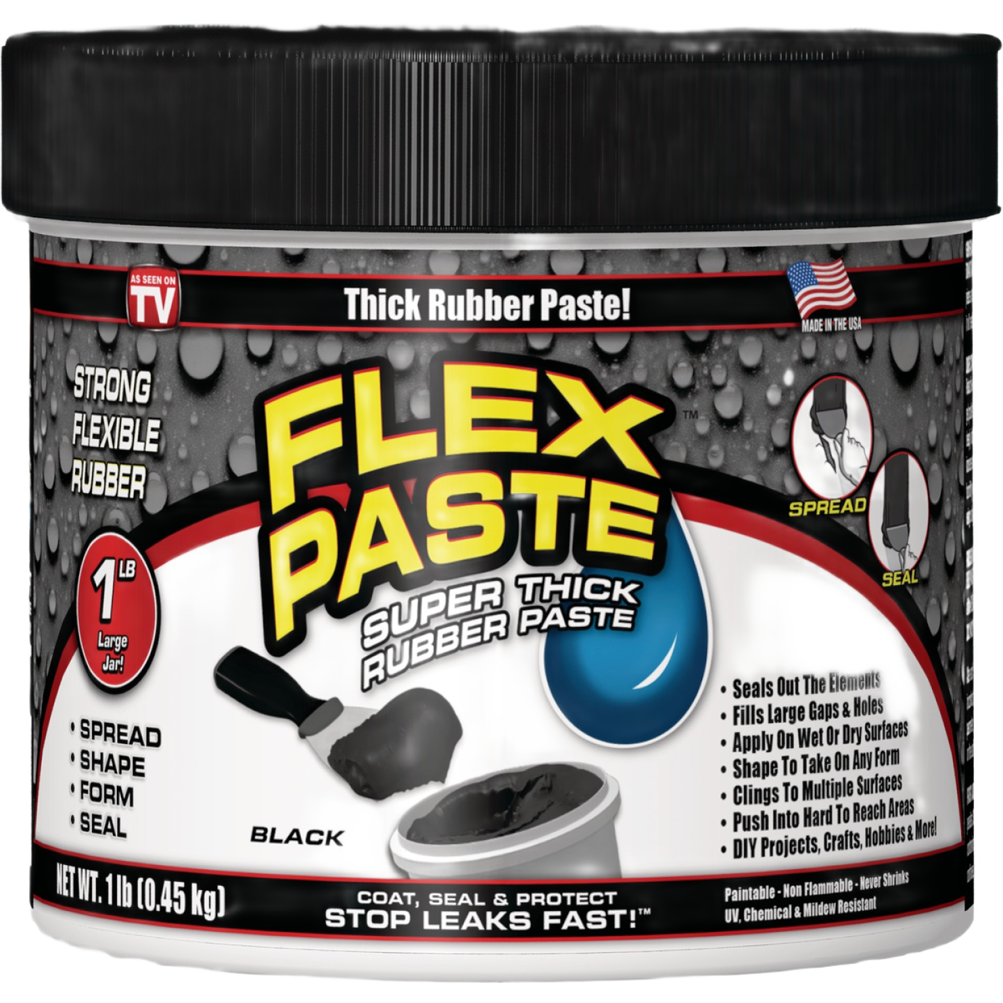 Jar of black thick rubber paste sealant with spatula for spreading and sealing in home improvement projects