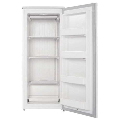White upright freezer with manual defrost, mechanical thermostat, and multiple interior shelves for home use.