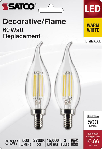 Pair of clear flame-shaped LED bulbs with candelabra base offering warm white dimmable lighting under $50 collections