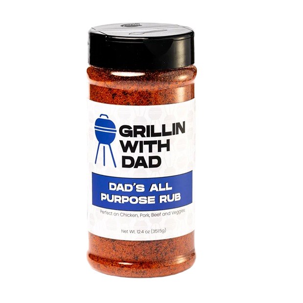 Clear plastic bottle of smoky paprika seasoning labeled Dad's All Purpose Rub for grilling sauces and outdoor living collections