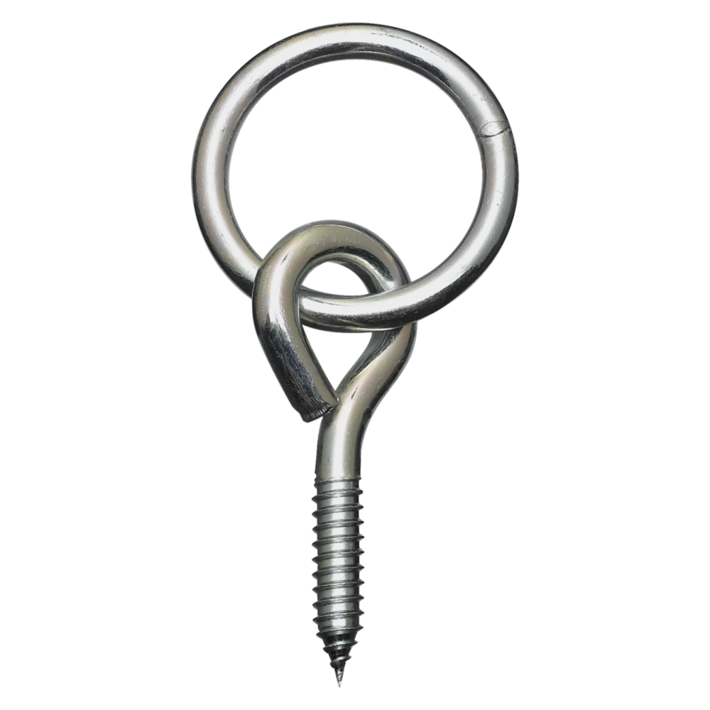 Zinc-plated steel hitch ring with screw eye for fastening in hardware and fasteners collections under $50.