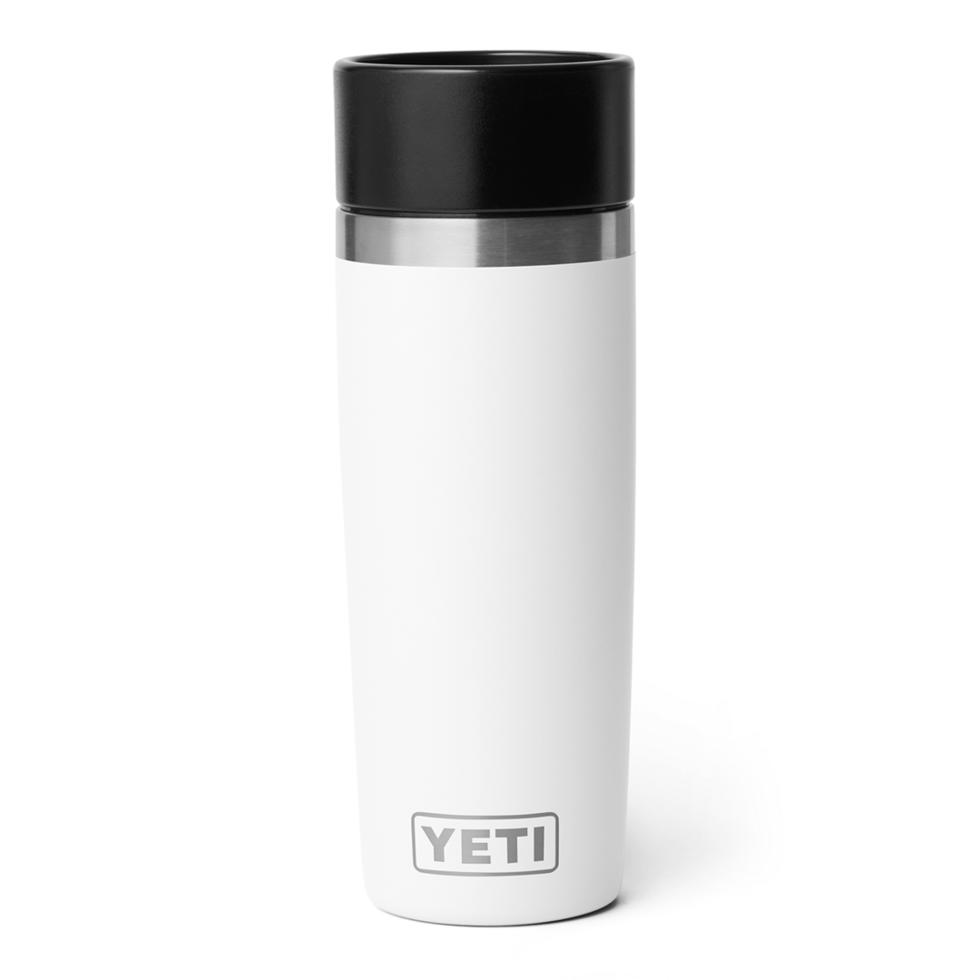White insulated 16 oz travel bottle with stainless steel accent and black lid in drinkware and kitchenware collections