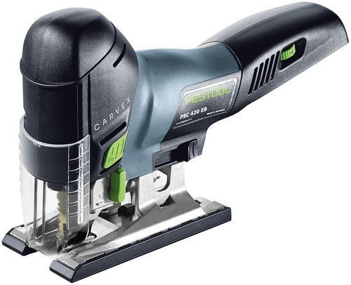 Cordless barrel grip jigsaw in blue and black with green accents, part of Festool cordless power tools collection