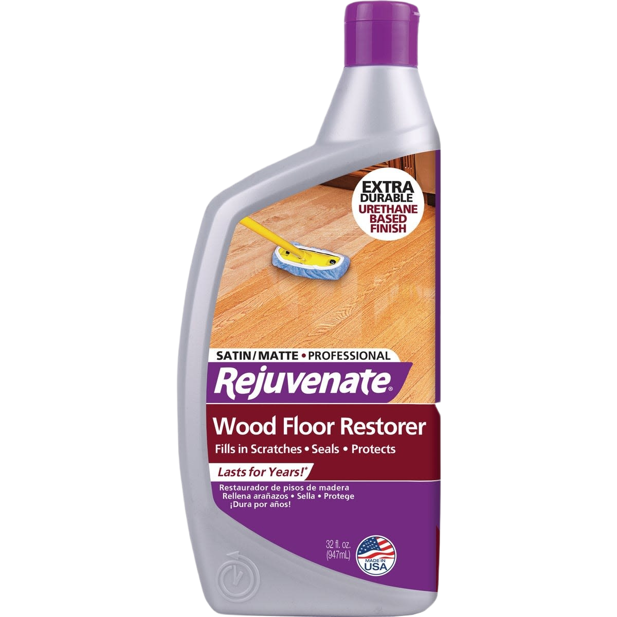 32 oz. bottle of Rejuvenate wood floor restorer with urethane finish for filling scratches and protecting floors
