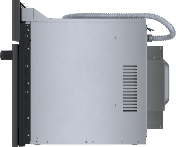Side profile of built-in black stainless steel speed oven showing ventilation and electrical connections from Bosch appliances collection