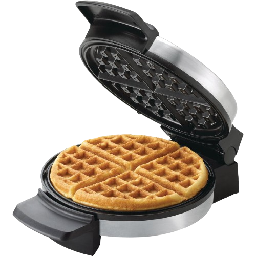 Waffle maker with nonstick deep-grid plates cooking a thick, golden waffle for small kitchen appliances collection