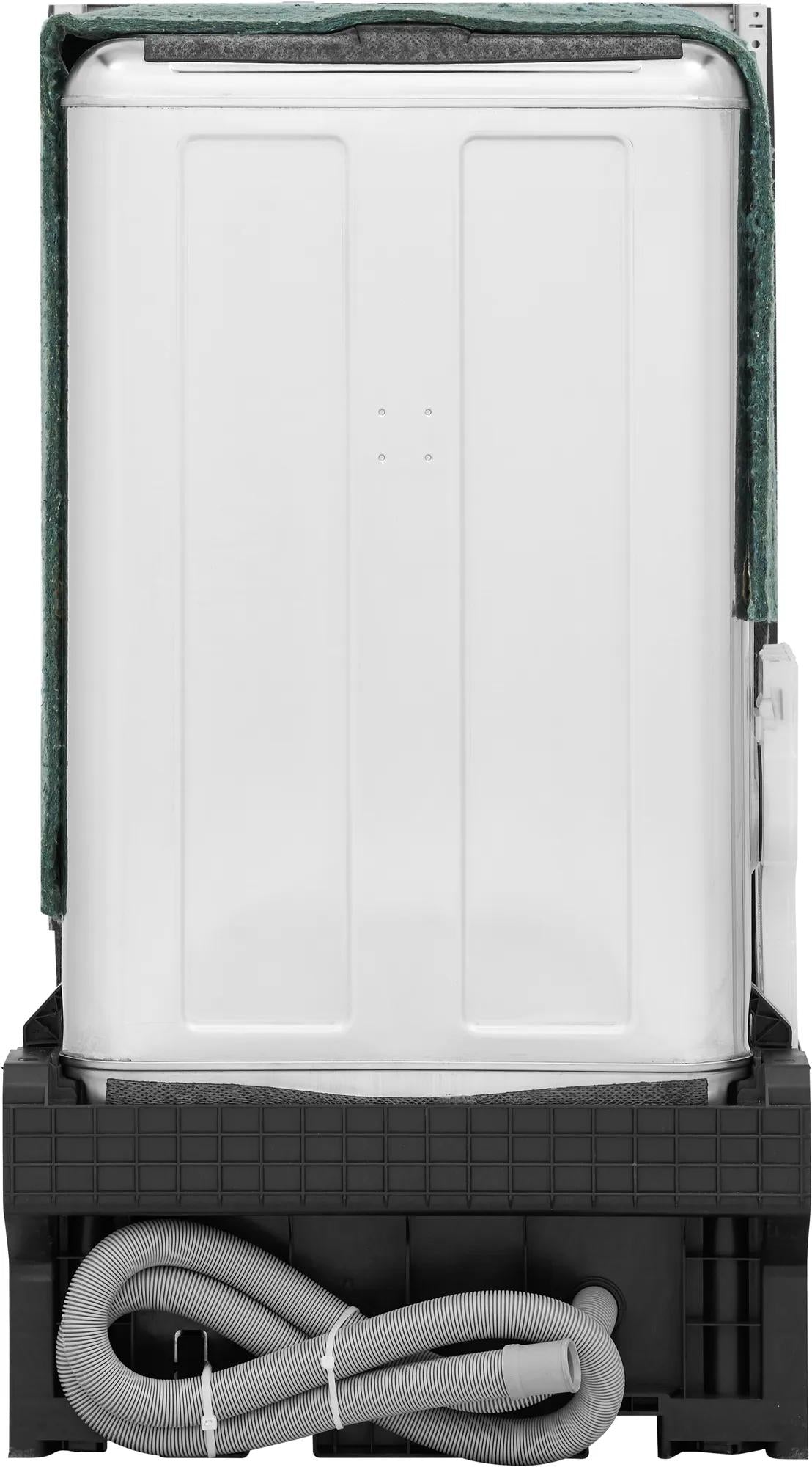 Back view of white built-in dishwasher showing protective wrapping and coiled drain hose from kitchen appliances collection