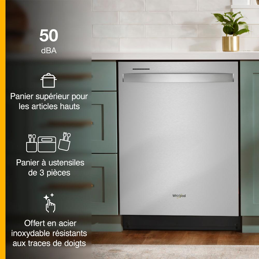 Stainless steel dishwasher in modern kitchen with green cabinetry, highlighting quiet operation and tall top rack feature