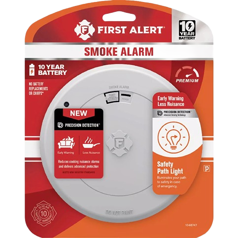 First Alert smoke alarm with 10-year battery and safety path light for home improvement and safety monitoring