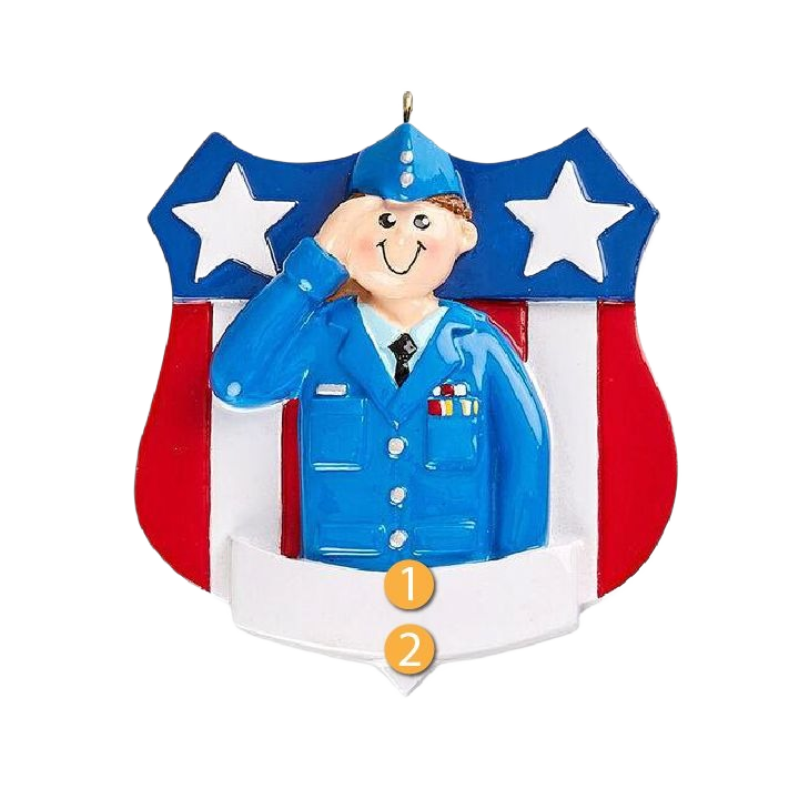 Ornament of smiling male Air Force member saluting on patriotic red, white, and blue shield from Christmas collection