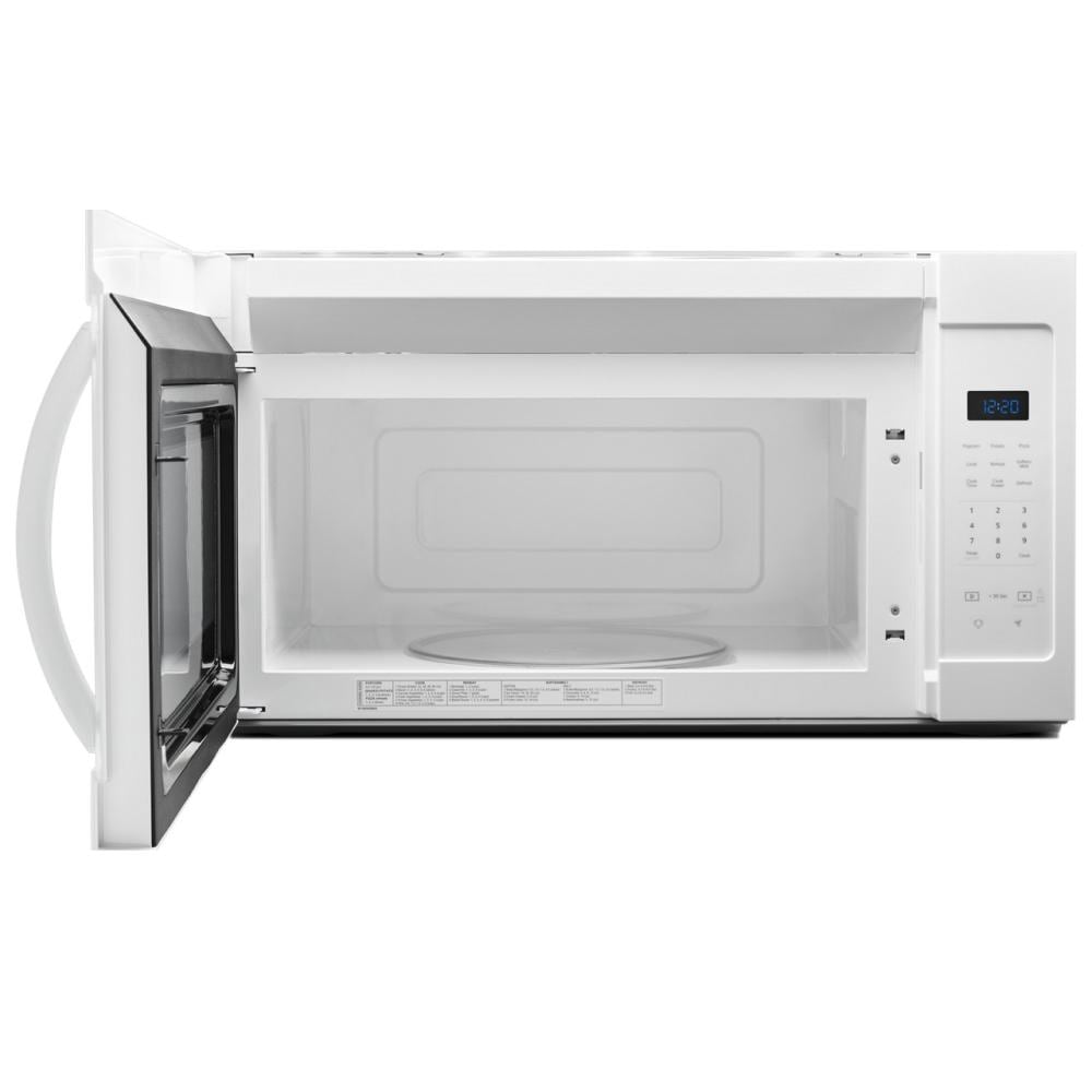 White over-the-range microwave with open door, electronic touch controls, and turntable in kitchen appliance category