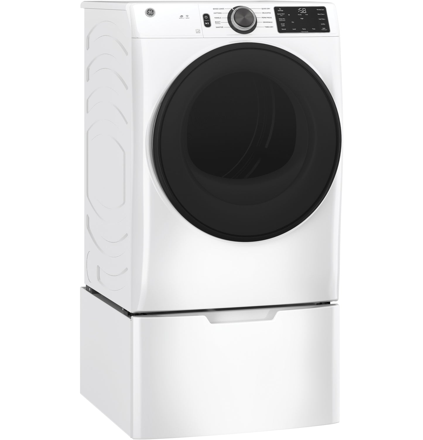 White smart front load electric dryer with large black door and digital control panel from Dryers and Appliances collections