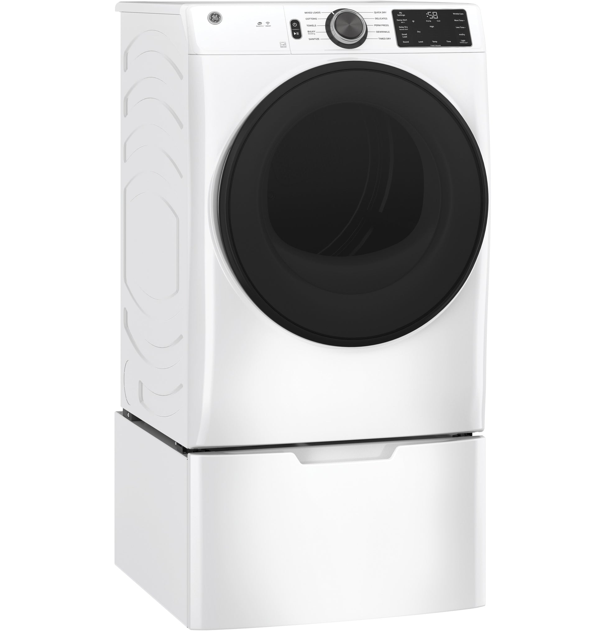 White smart front load electric dryer with large black door and digital control panel from Dryers and Appliances collections