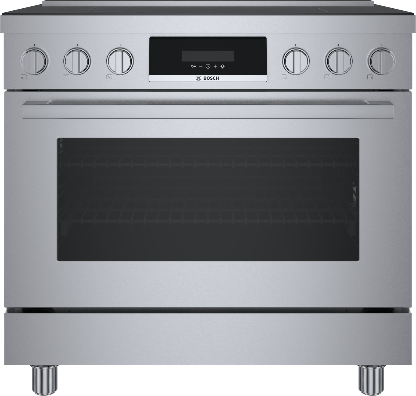 stainless steel induction freestanding range with ergonomic controls and digital display in kitchen appliances collection