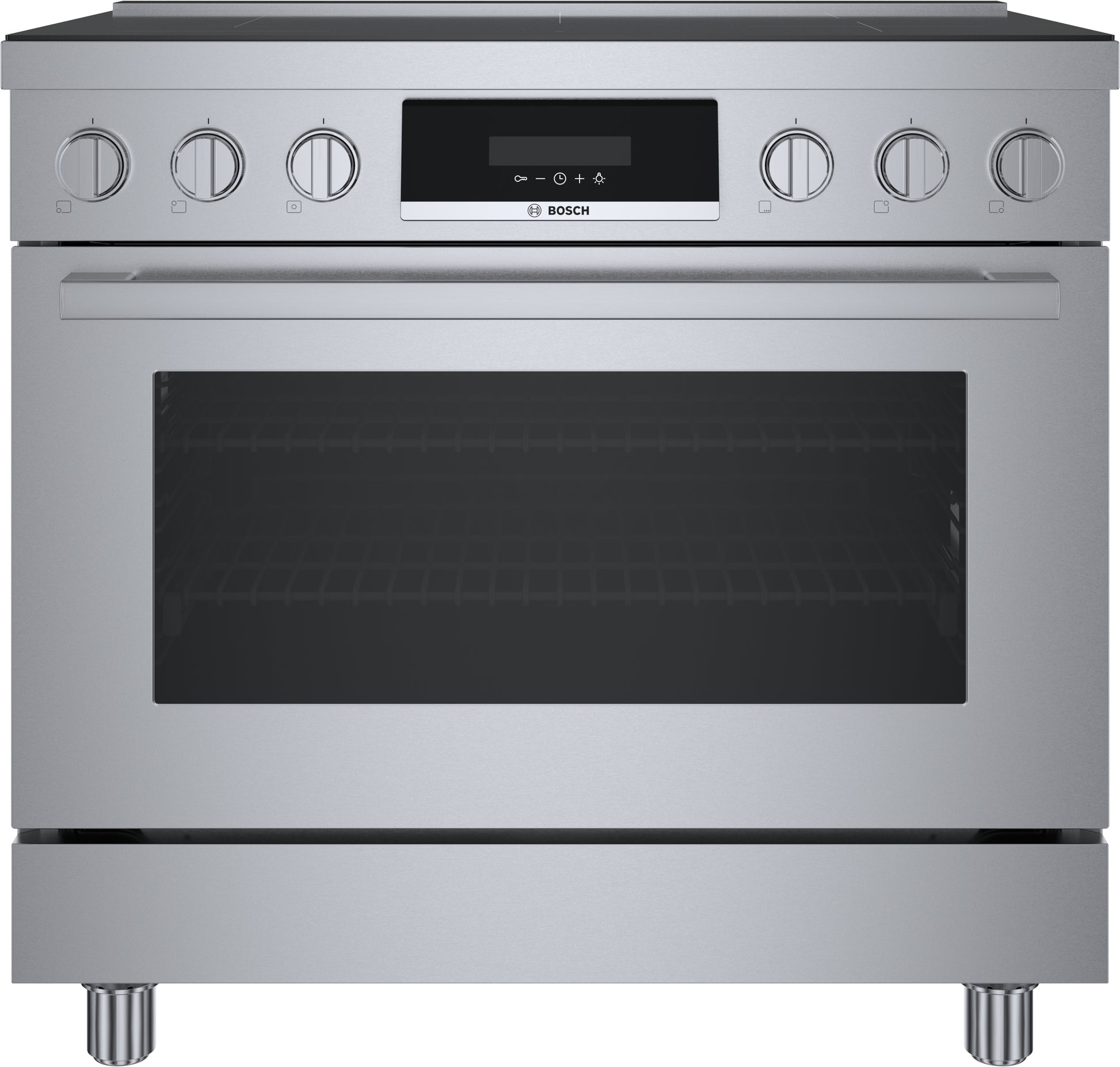 stainless steel induction freestanding range with ergonomic controls and digital display in kitchen appliances collection