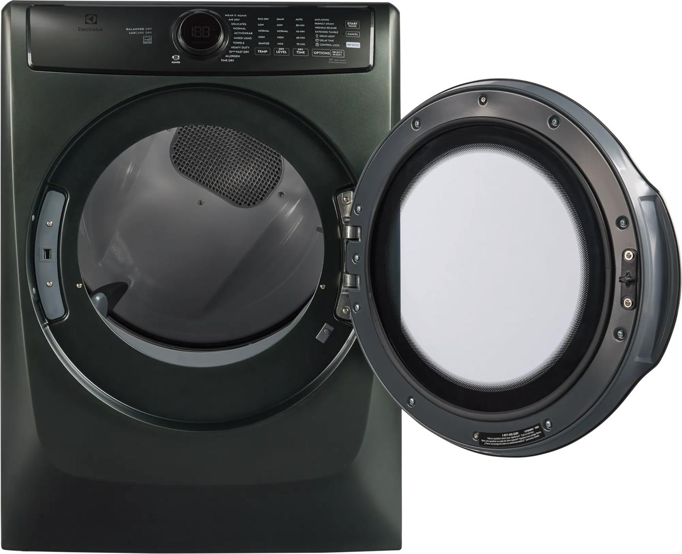 Dark green front load electric dryer with open door and digital control panel in dryers and appliances collection