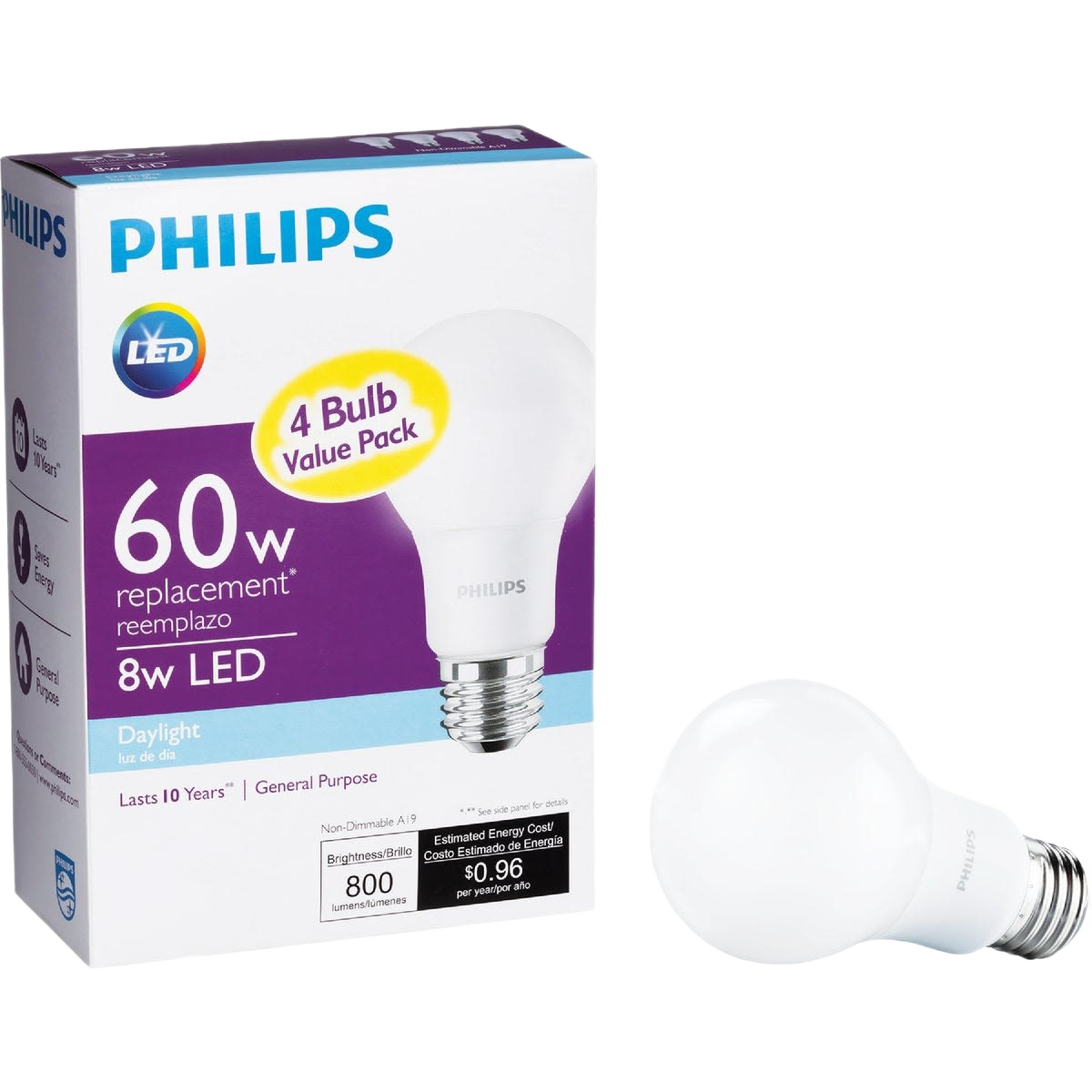Philips LED daylight bulb 8W with 800 lumens, energy-saving light bulb multipack for home improvement lighting needs