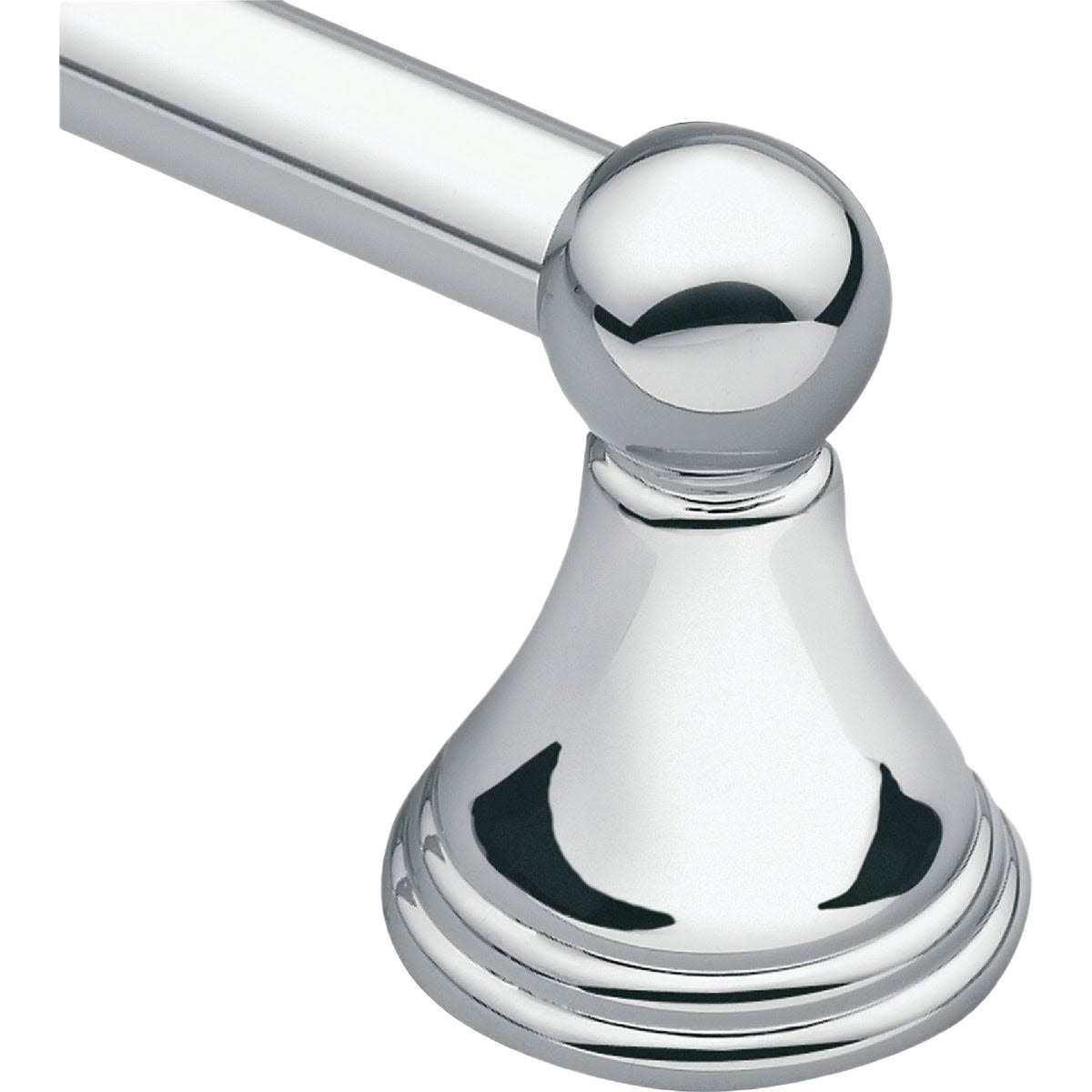 Close-up of a chrome-finished towel bar end with rounded decorative base for home improvement and bathroom use