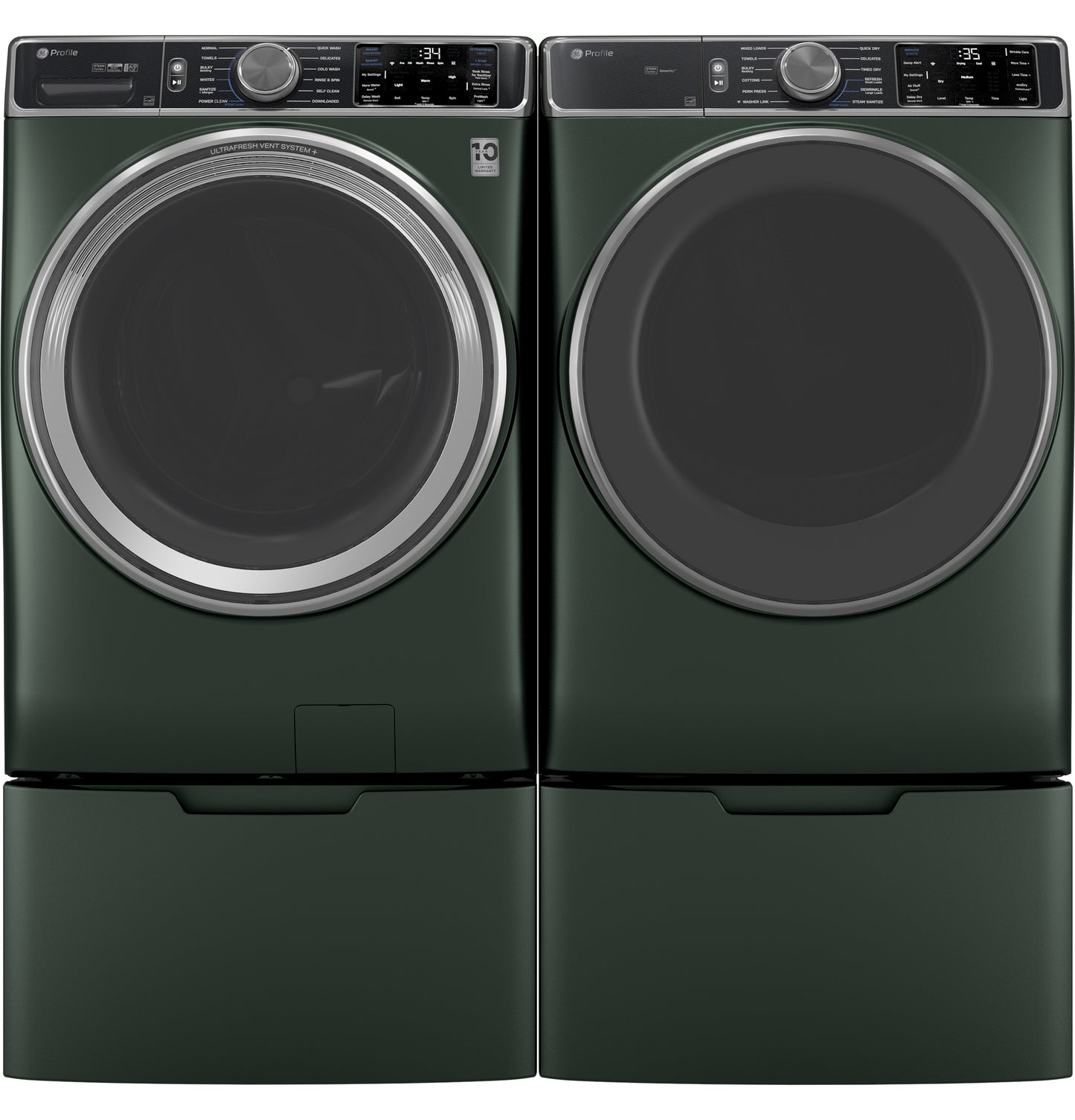 Dark green smart front load washer and matching dryer with digital controls and large circular doors from washers and dryers collection