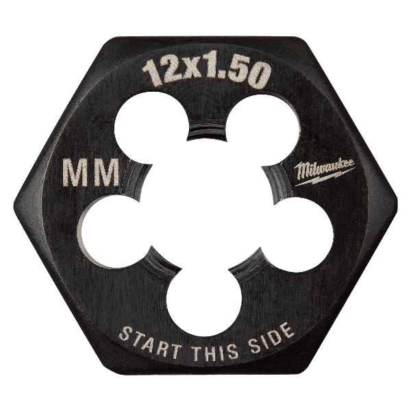 Hex threading die with laser-etched metric sizing for precise external thread cutting in tool accessories and home improvement collections