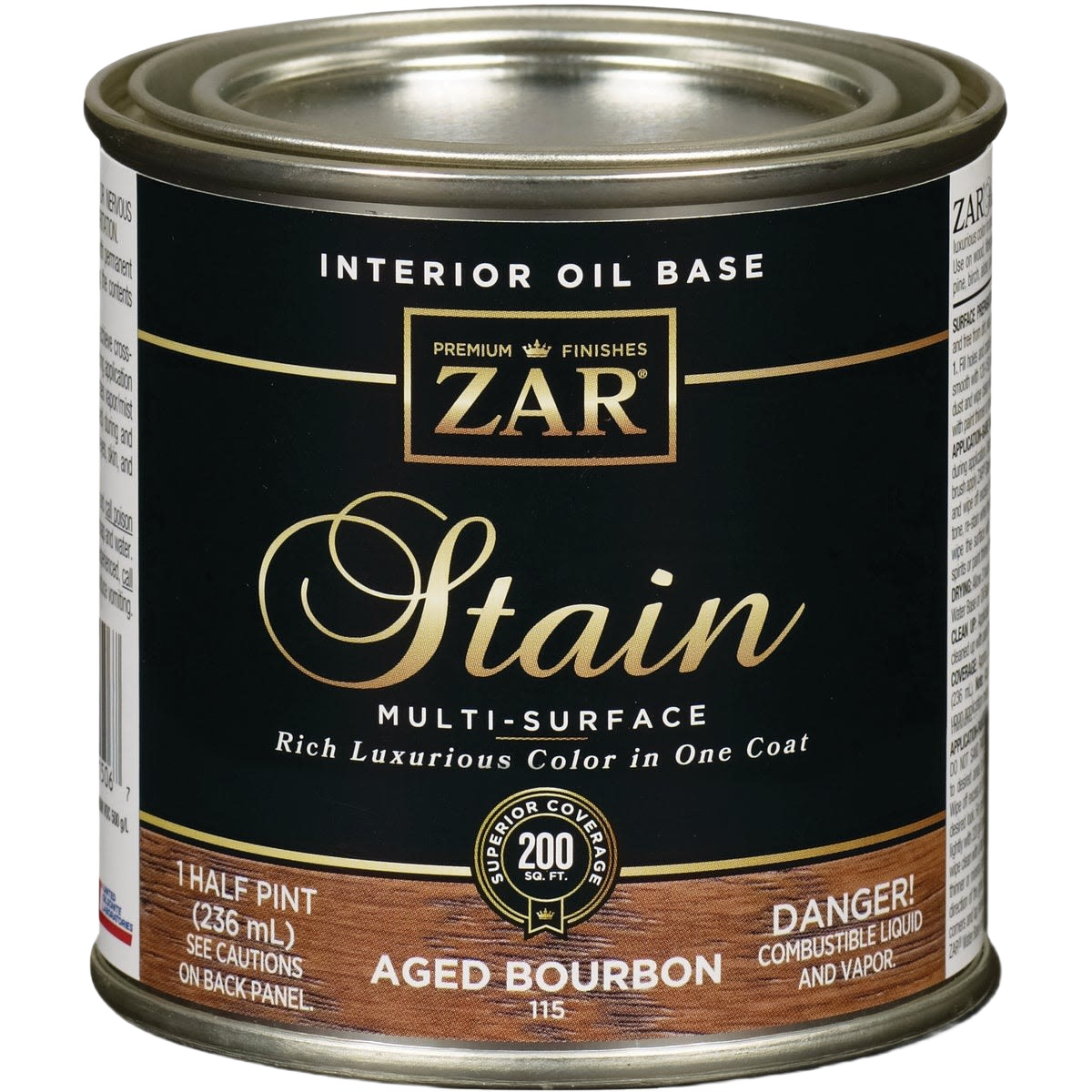 Half pint can of ZAR aged bourbon interior oil-based wood stain for wood finishing and home improvement projects under $50 collection