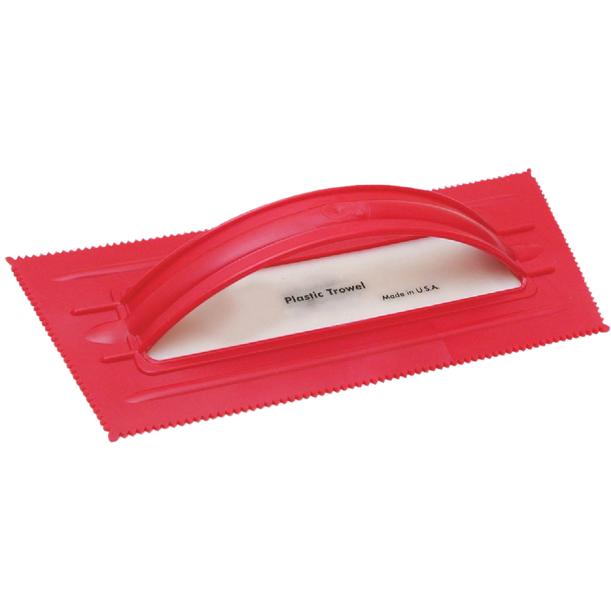 Red poly-pro V-notched flooring trowel with ergonomic handle for precision flooring and home improvement tasks